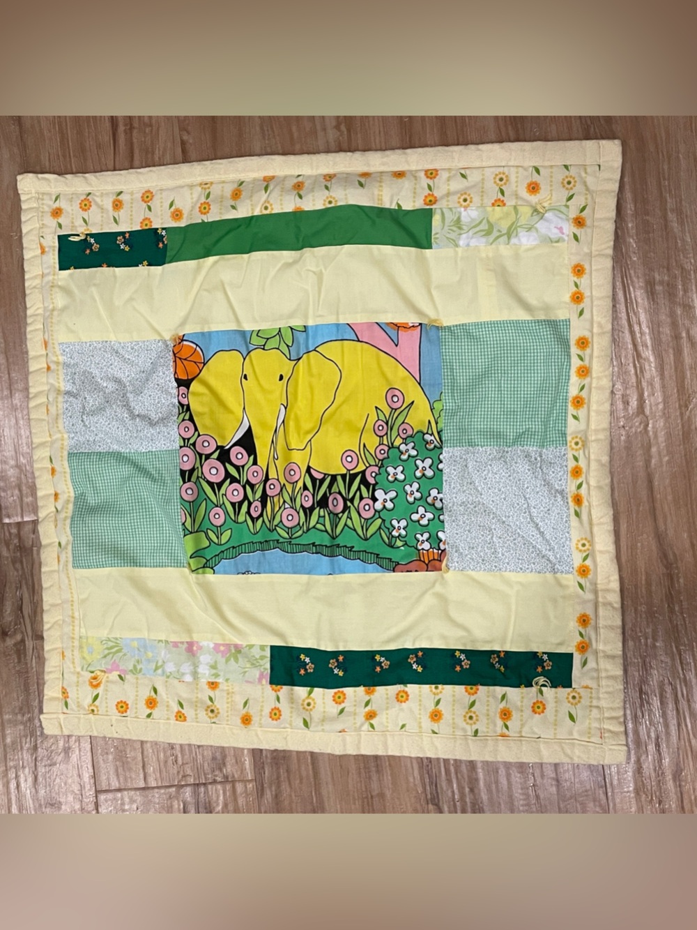 Handmade Baby Quilt Elephant Yellow Gingham Style Blanket 26" x 26"
